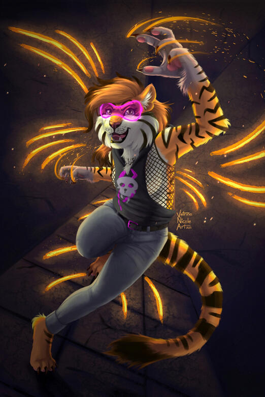 &quot;Maxine Tigress&quot; - Digital painting of a tiger furry fighting her way down a dark hallway