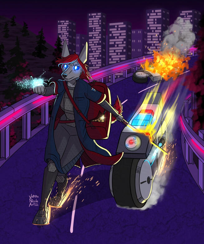 &quot;Jaz on the Run&quot; - Digital drawing of a canine android being chased by police drones