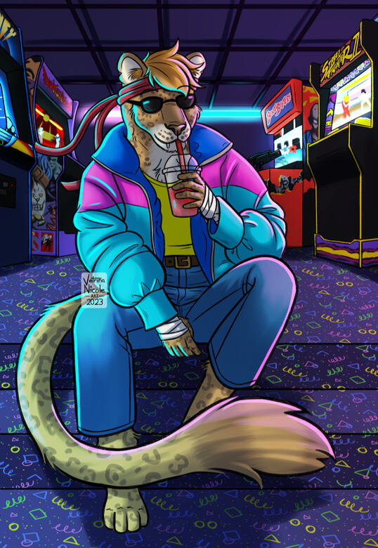 &quot;Aerth at the Arcade&quot; - Digital drawing of a jaguar furry sitting in an arcade