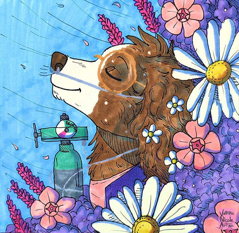 &quot;In Bloom&quot; - Ink &amp; marker drawing of a springer spaniel dog furry character
