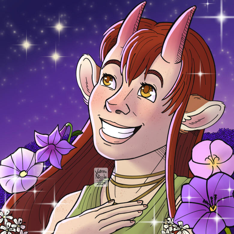 &quot;Amber Night Blooms&quot; - Digital drawing of a human character with horns and deer ears