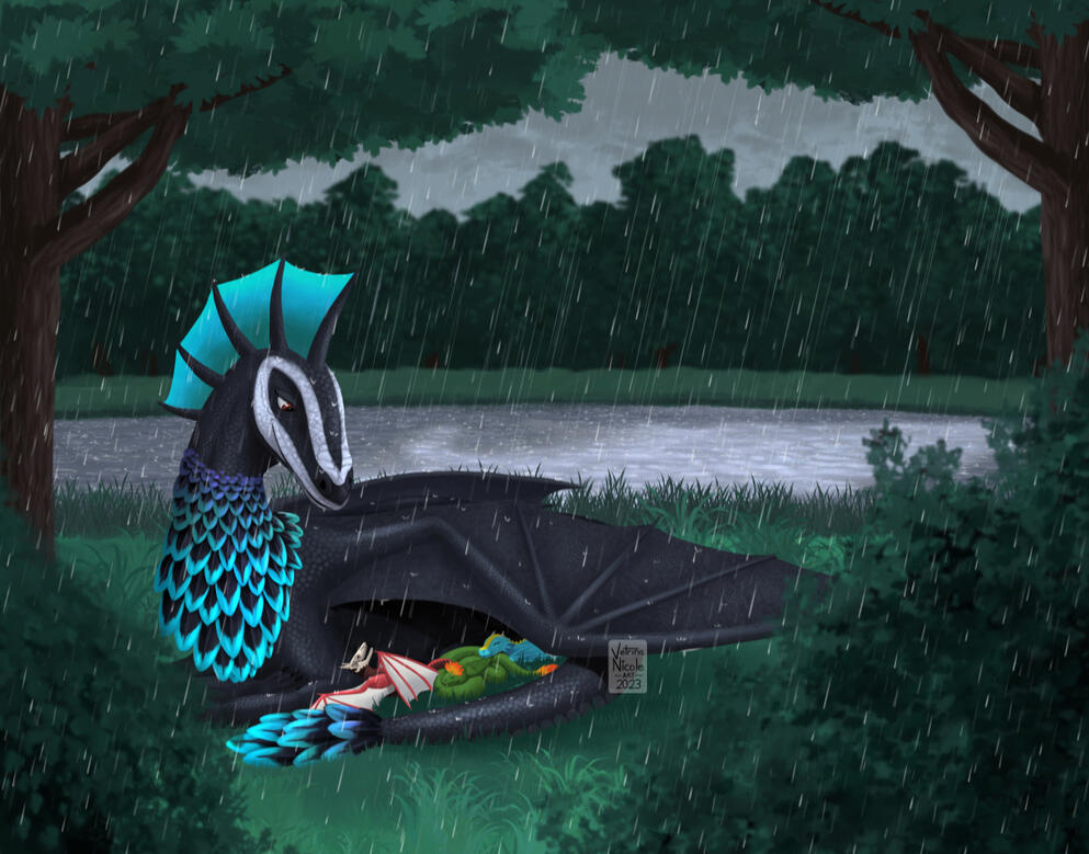 A digital painting of a dragon parent and their three babies relaxing in the rain. The parent, Ren, is a black dragon with blue frills on their head, blue and purple feathers on their chest and tail tip, and white markings on their face. Their wing is outs