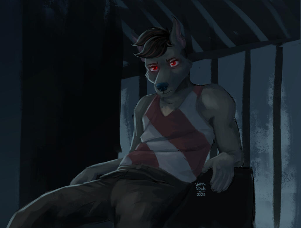 &quot;Beizeben&#39;s Lack of Surprise&quot; - Digital painting of a doberman furry sitting on a box in a dark room