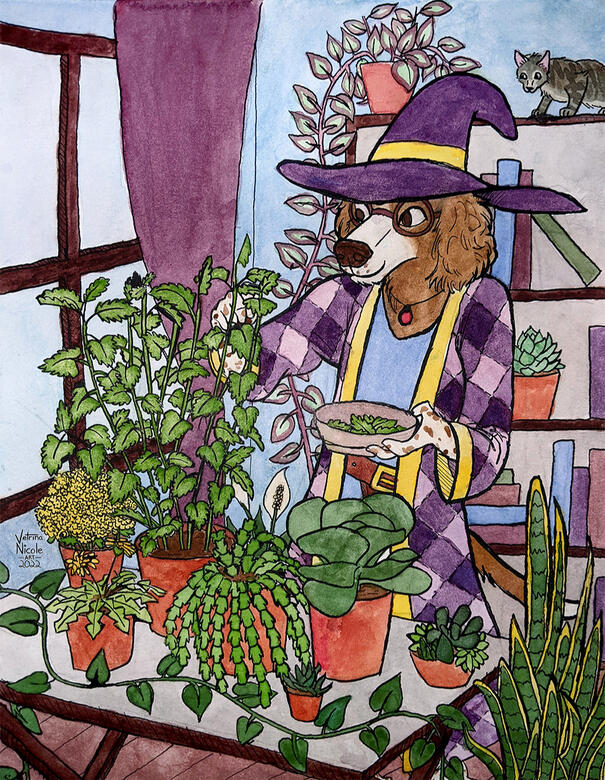 &quot;Plant Witch&quot; - Watercolor painting of a dog furry dressed as a witch and taking care of plants