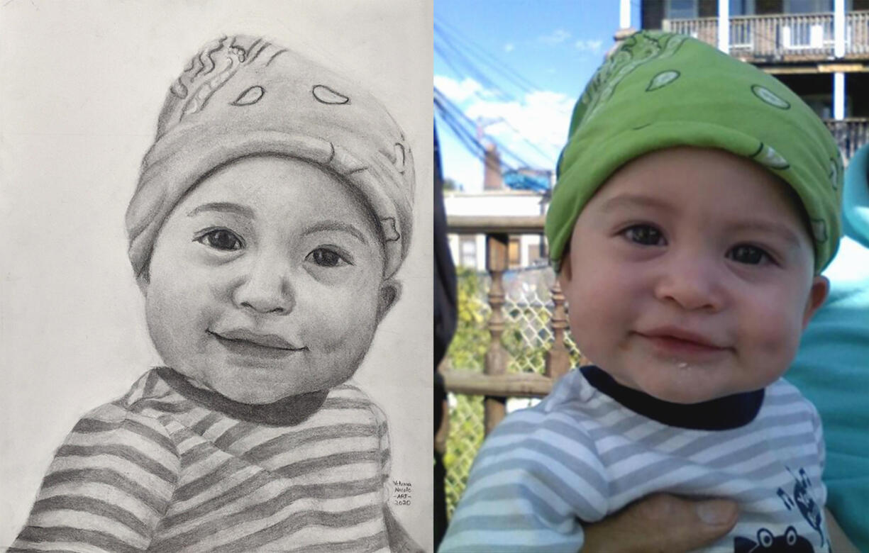 &quot;Jonathan&quot; - Charcoal portrait of a baby wearing a hat and striped shirt