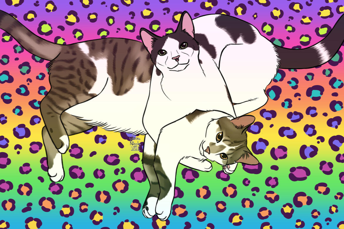 &quot;Kimchee and Miso&quot; - Digital painting of two cats cuddling with each other