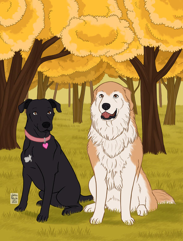 &quot;Willow &amp; Rocky&quot; - Digital drawing of a black lab dog and a white great pyrenees dog in a forest of trees with yellow leaves.