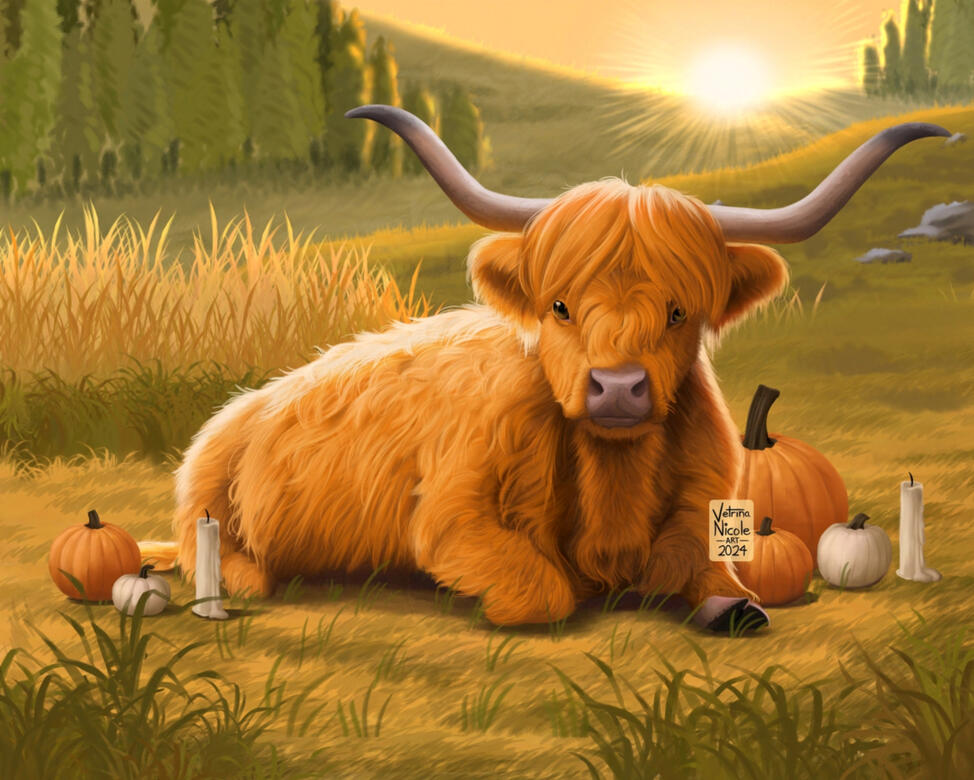 &quot;Highland Coo&quot; - Digital painting of a highland cow laying in a field