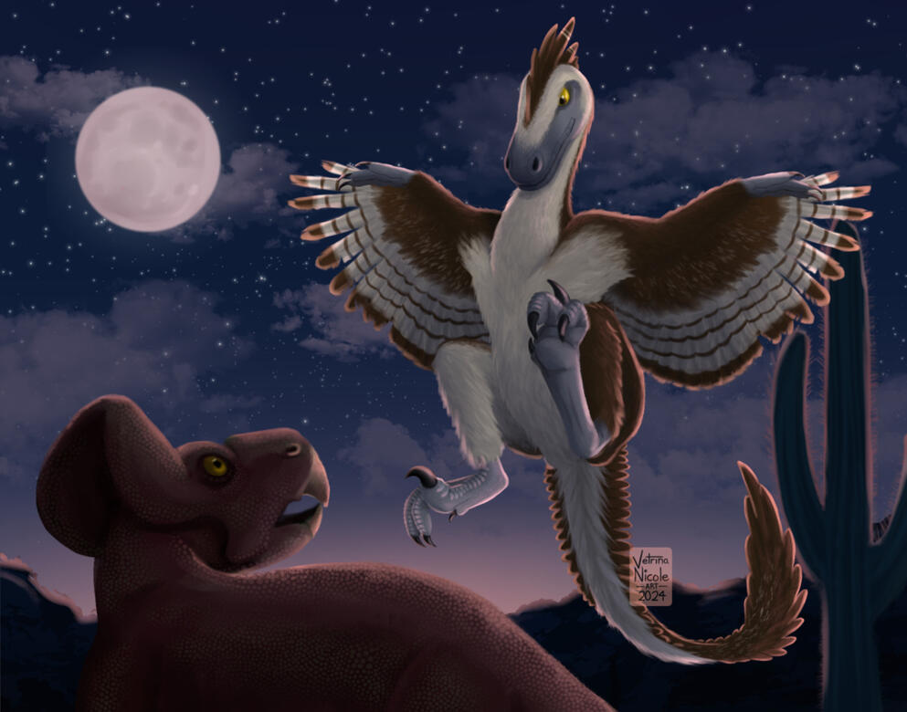 &quot;Velociraptor vs Protoceratops&quot; - Digital painting of a velociraptor pouncing on a protoceratops dinosaur