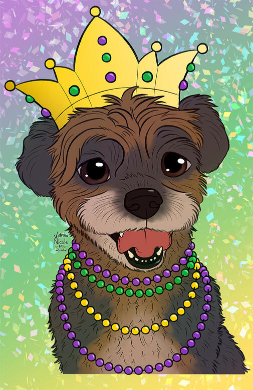 &quot;Pepe Mardi Gras&quot; - Digitally drawn portrait of a yorkie mix wearing Mardi Gras beads and a crown