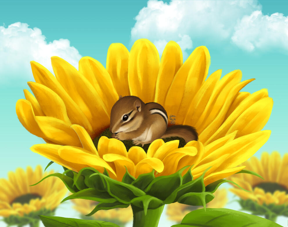 &quot;Chipmunk on a Sunflower&quot; - Digital painting of a chipmunk on a sunflower munching on seeds