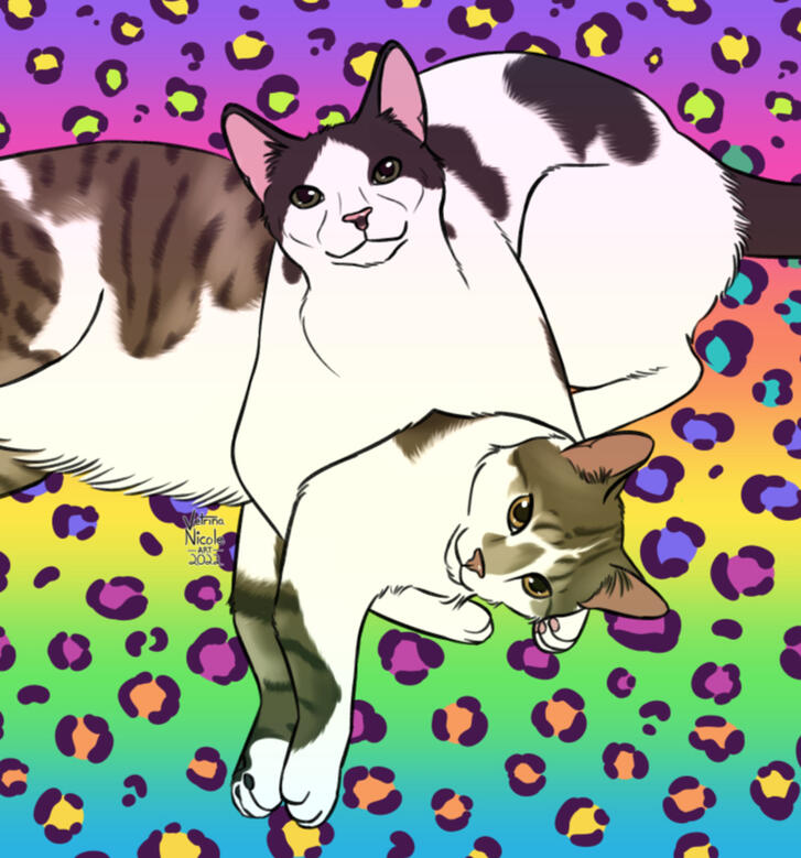 &quot;Kimchee and Miso&quot; - Digital painting of two cats cuddling with each other