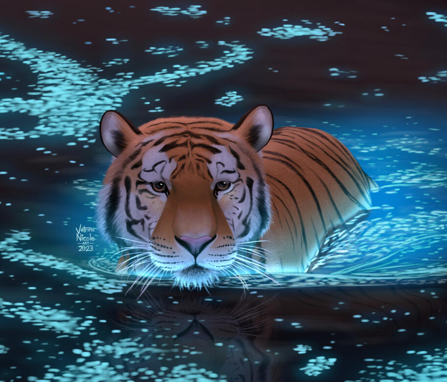 &quot;The Glowing Lake&quot; - Digital painting of a tiger swimming in water that has blue glowing algae on top