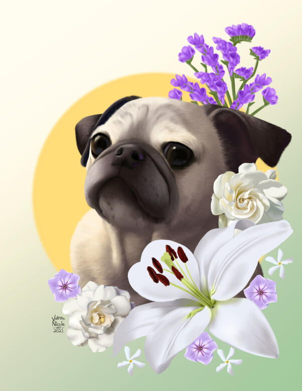 &quot;Chelsea Flowers&quot; - Digitally painted portrait of a pug with flowers