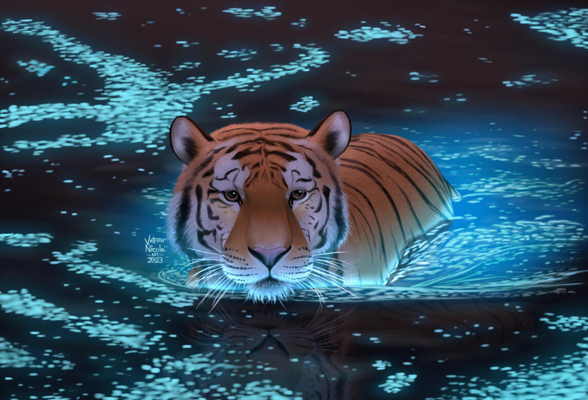 Digital painting of a tiger swimming in water that has blue glowing algae on top
