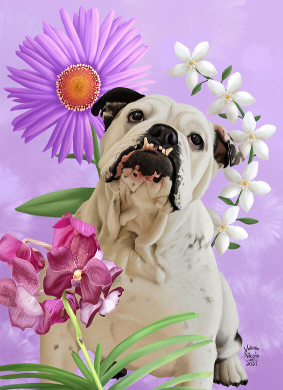 &quot;MeMe Flowers&quot; - Digitally painted portrait of a bulldog with flowers
