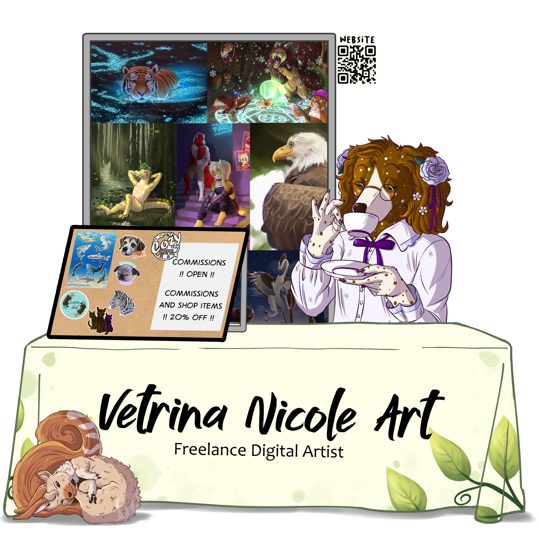 Virtual vendor booth featuring my fursona and several of my art prints and stickers